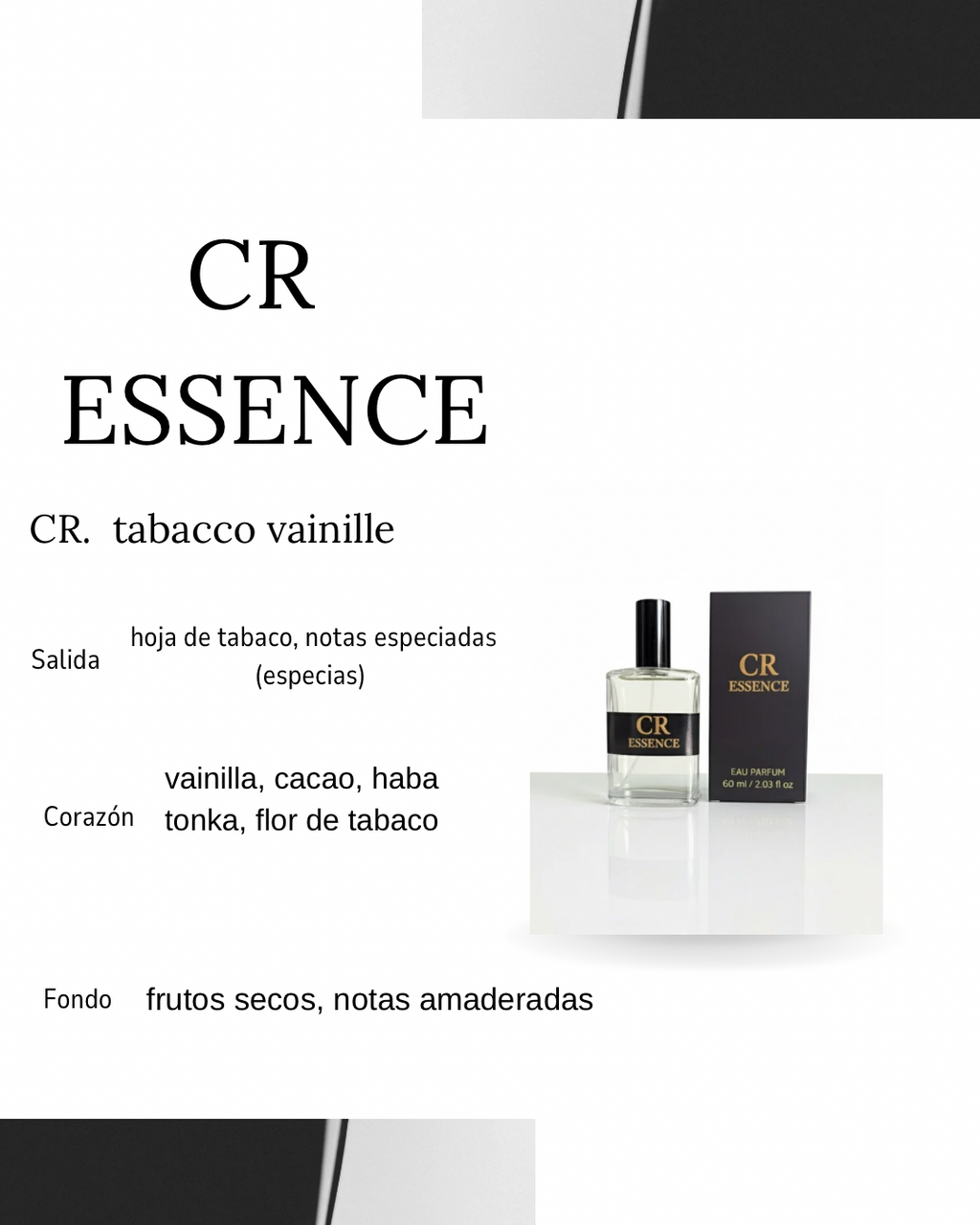 Perfume para hombre CR ESSENCE tabacco vainille alta fijación 60 ml